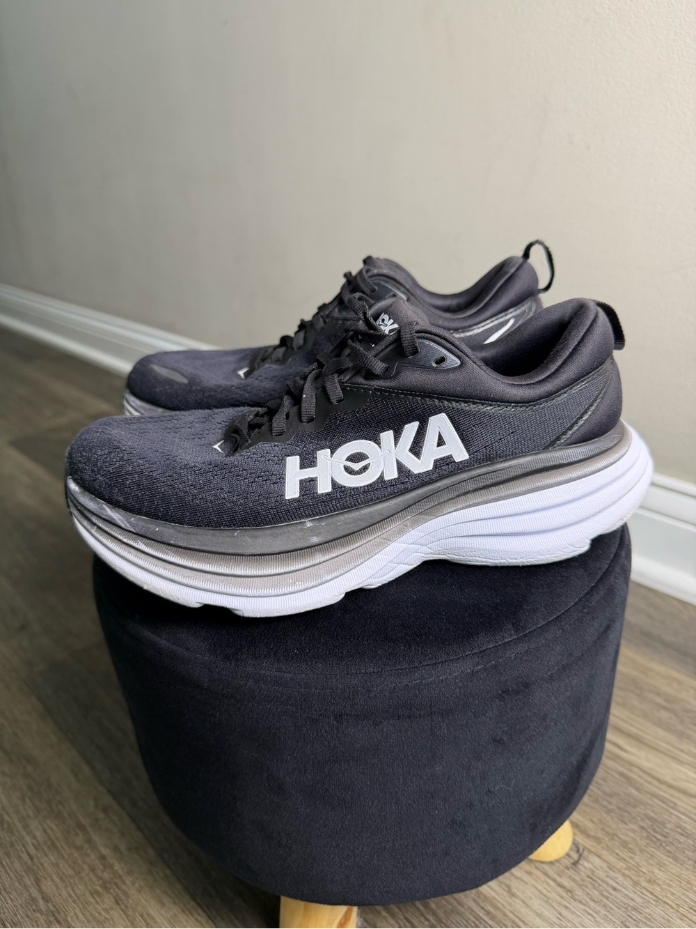 Hoka One Bondi 8 Black and White Athletic Shoes